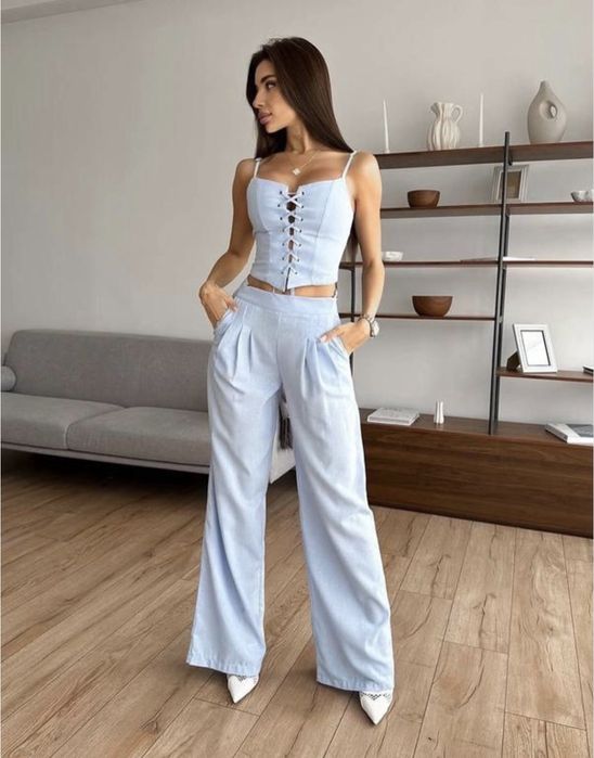 Жіночий льняний брючний костюм білого кольору, s-m, новий!