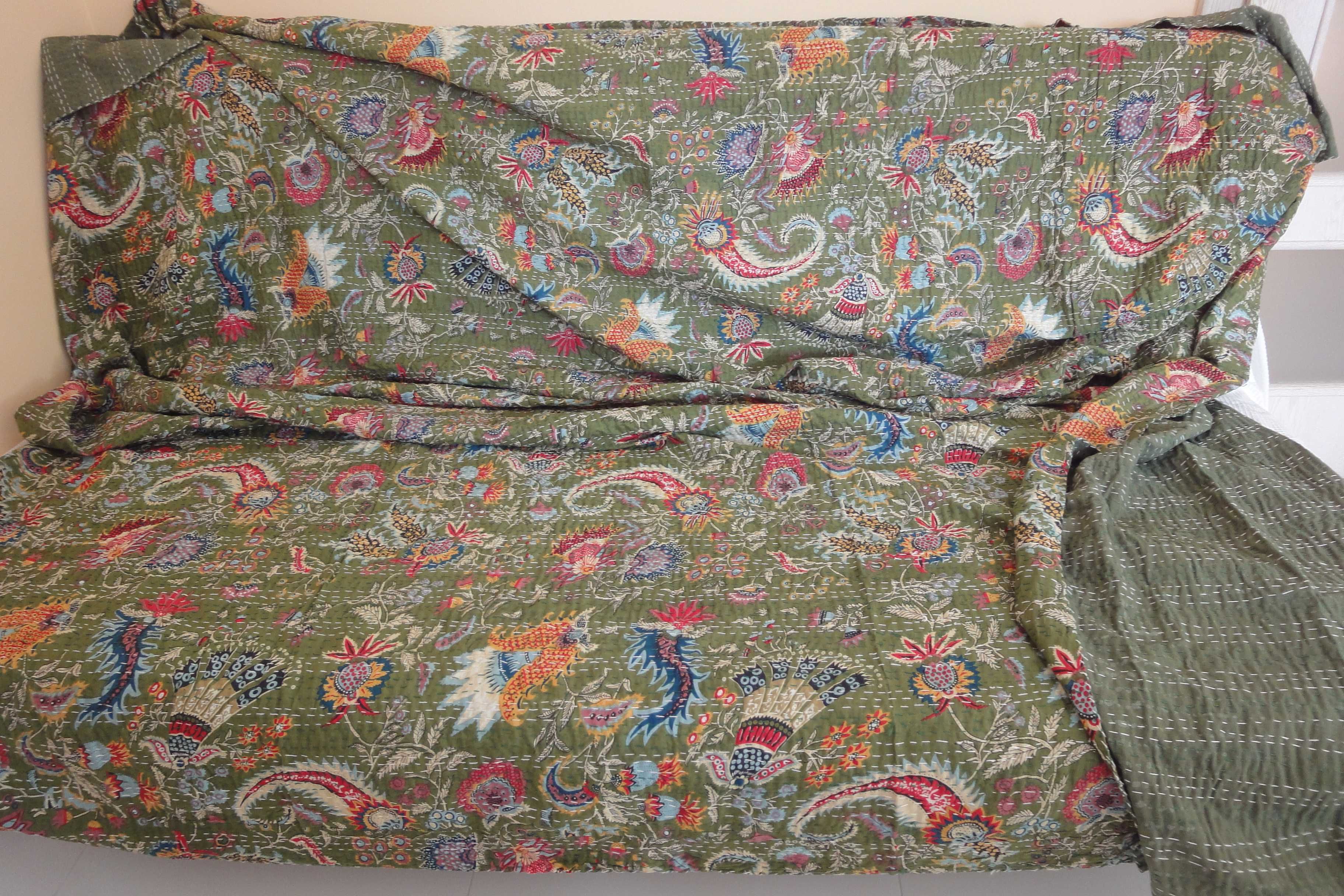 indyjska zielona kwiecista narzuta  bawełna  230 x 264 nowa - 250 zł