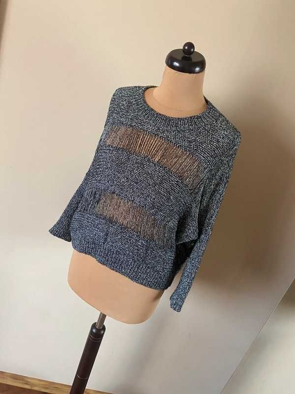 40 42 metaliczny sweter dziury nietoperz oversize srebrna nitka
