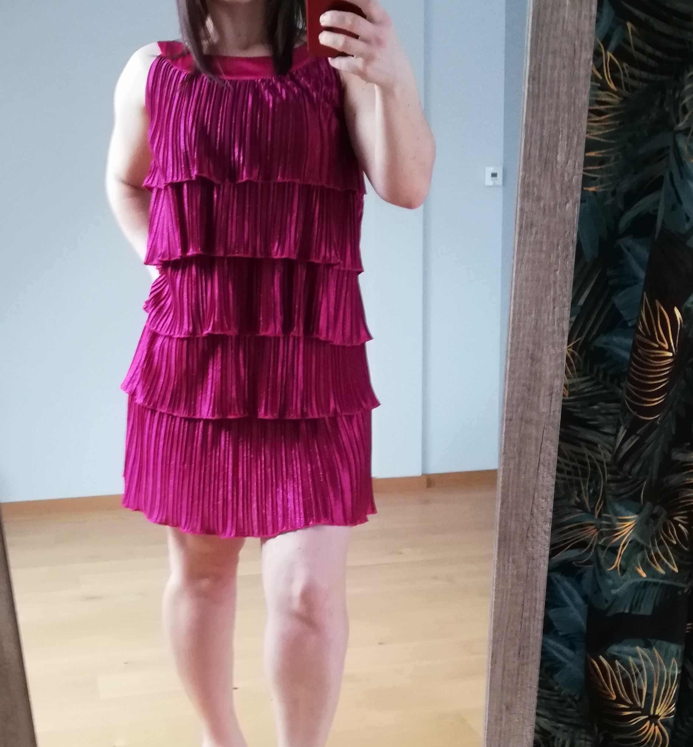 Sukienka 38 M kolor fuksja różowa fioletowa wesele elegancka falbany