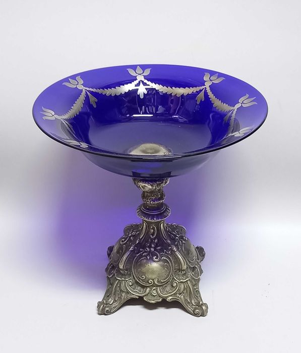 Posrebrzana patera z kobaltowym szkłem Warszawa Gustaw Henniger XIX w.