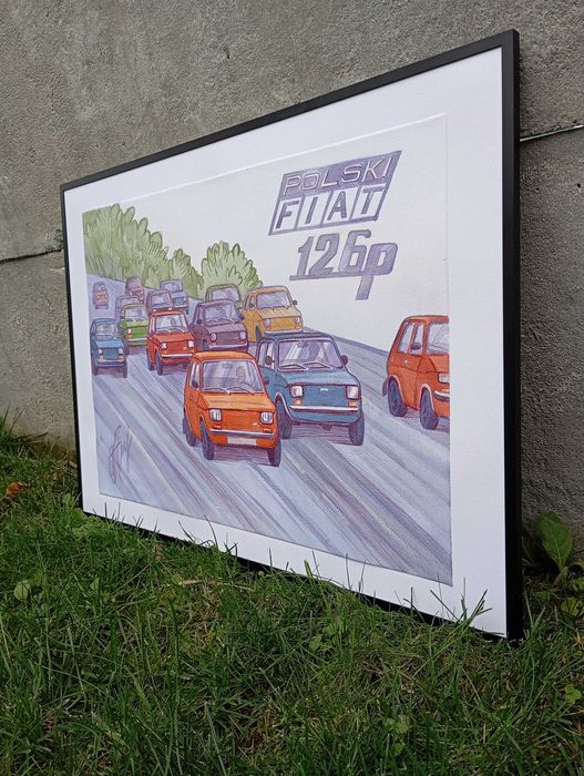 Obraz Fiat 126 p Maluch PRL ręcznie malowany format B2