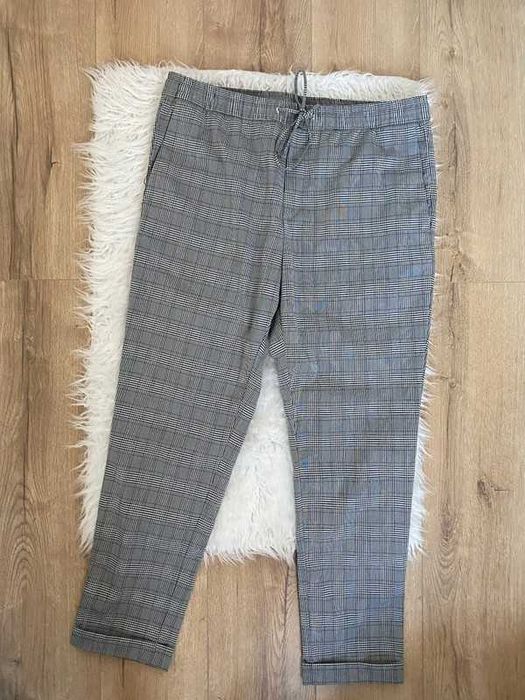 Szare luźne męskie wiązane spodnie w kratę H&M L/XL 40/42