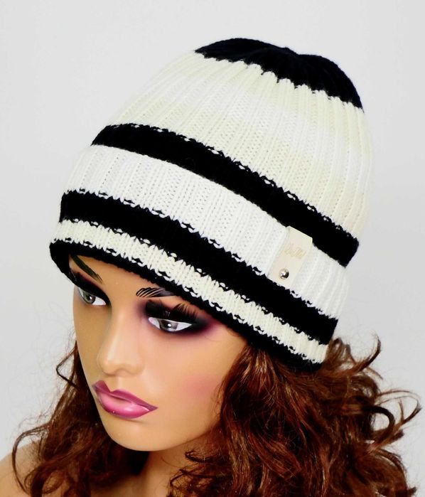 LaMel Czapka unisex w paski 100%Merino handmade obw.52 - 56cm