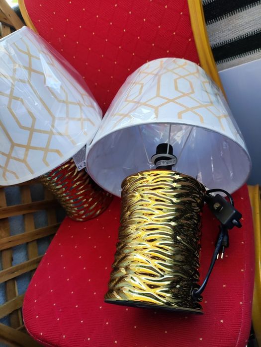 Lampka Nocna lampa złota z kloszem na stolik nocny ceramiczna