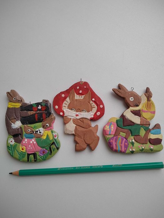 Винтажные елочные деревянные игрушки серии "Весёлые зайцы" Германия.