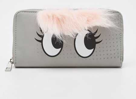 portfel SINSAY oczy z puszkiem futerkiem szary fun
