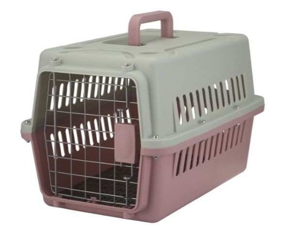 Пластиковая переноска с металлическим замком, серо-розовая