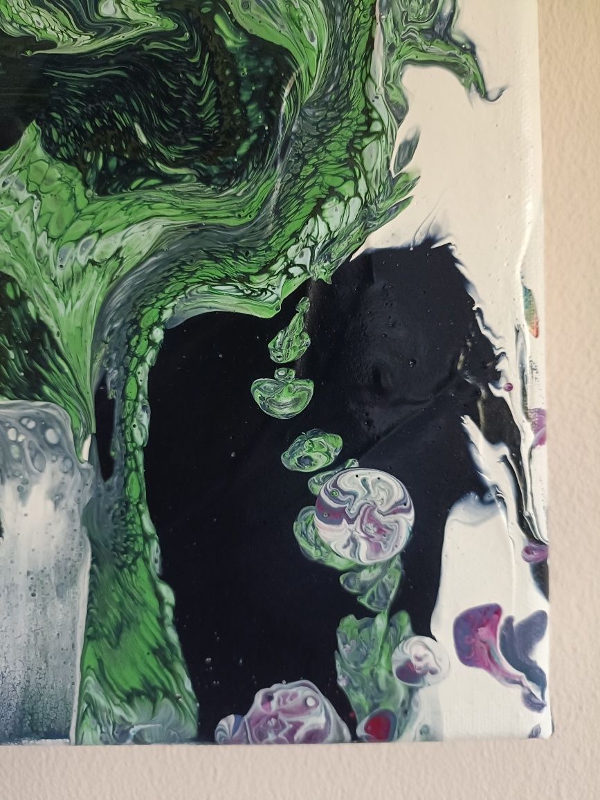 Akrylowa abstrakcja 30x30 kolory biel zieleń i granat