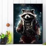 kolorowy plakat szop w kosmosie, plakat grafika kosmos zwierzę szop