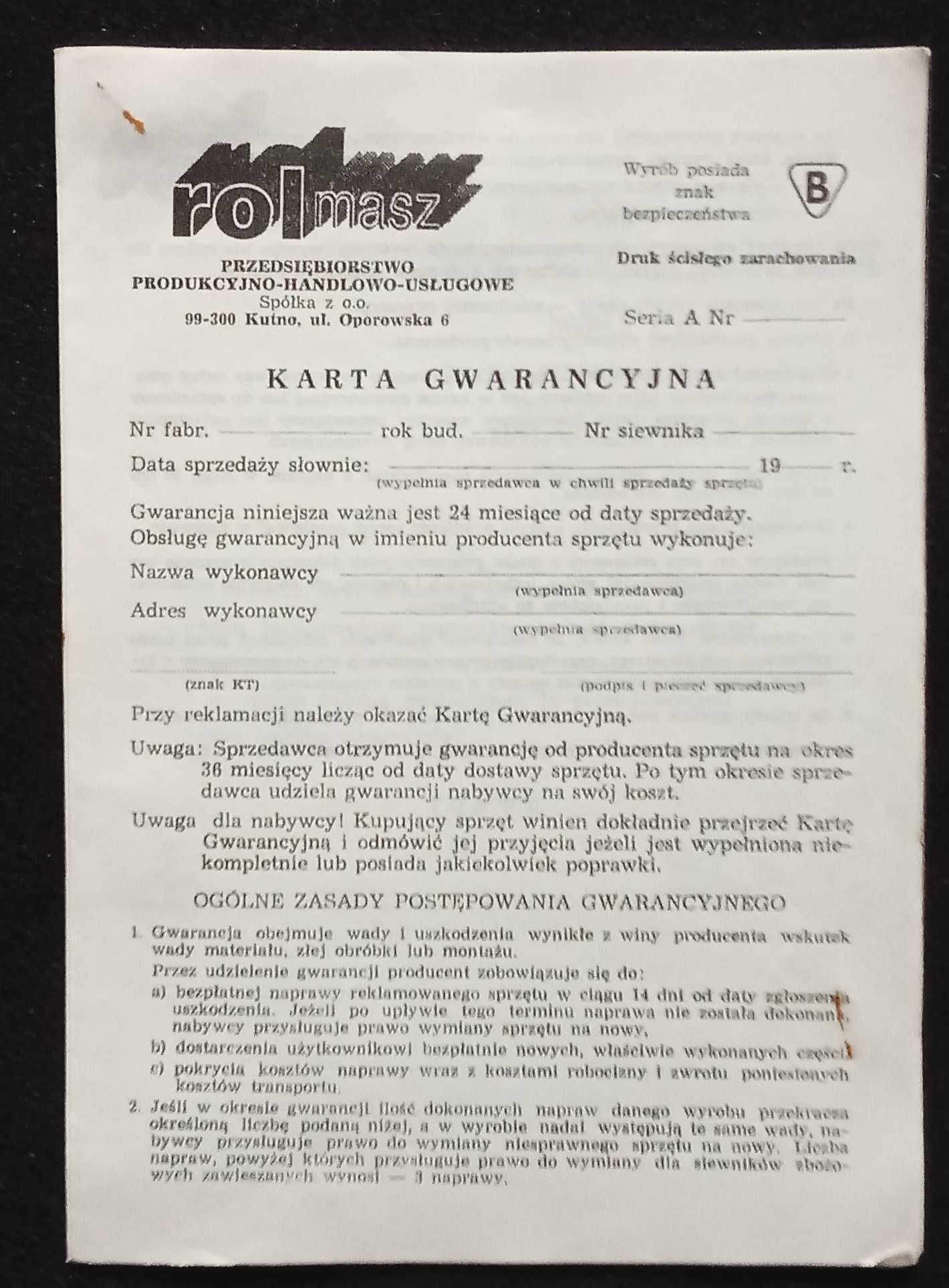 Instrukcja S068 karta gwarancyjna siewnik Kutnowiak SO68