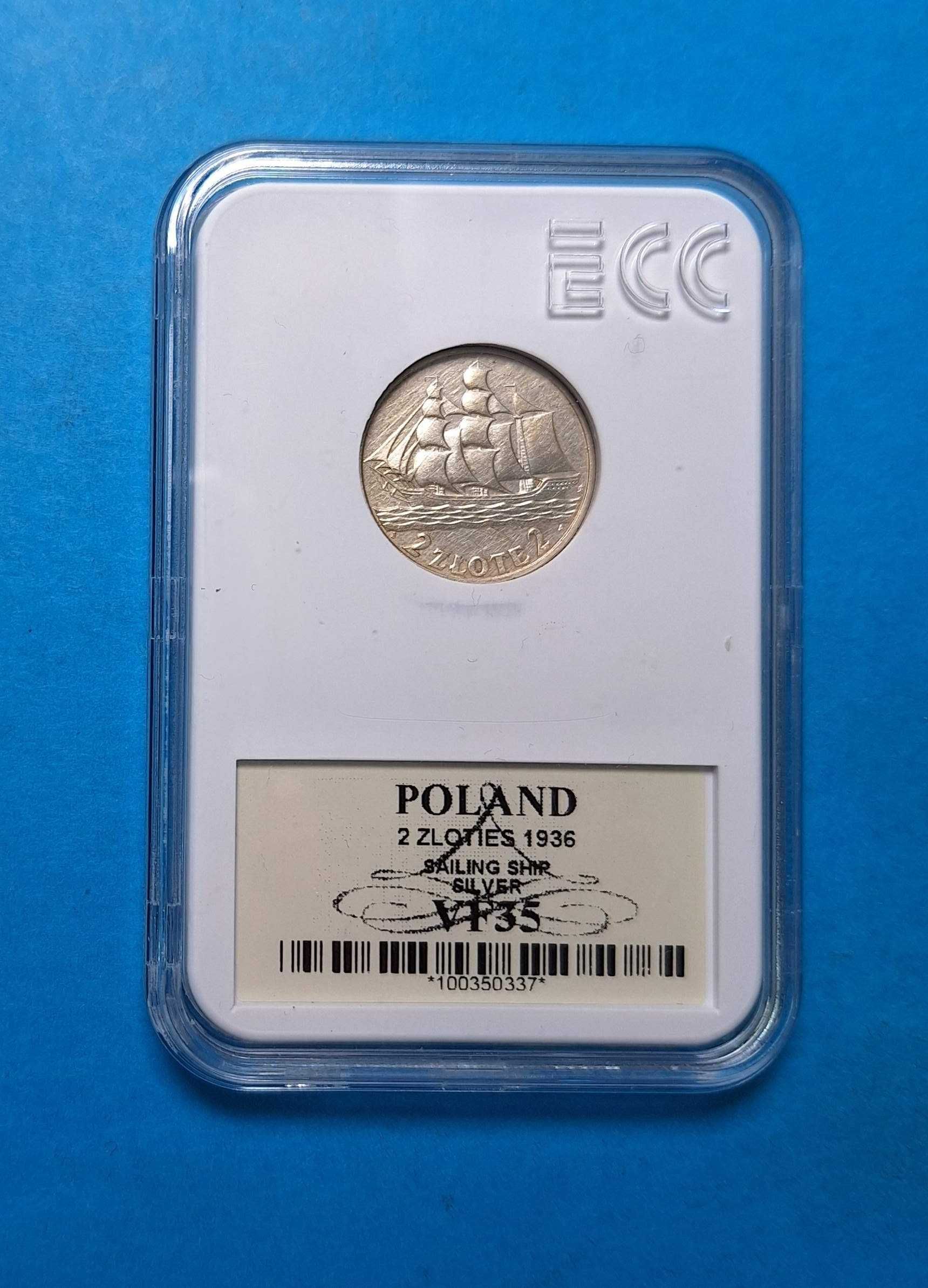 Polska II RP 2zł 1936, żaglowiec, bdb stan, GRADING, srebro 0,750