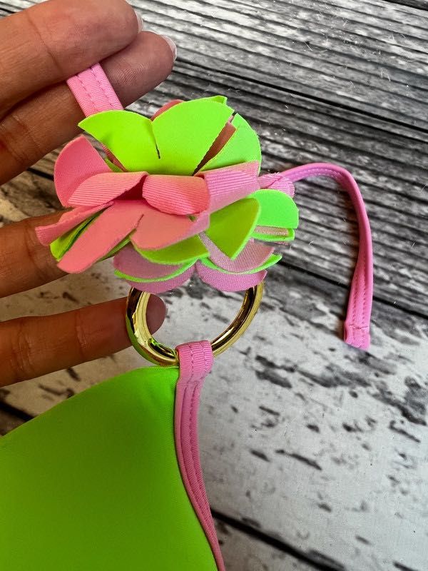 Strój kąpielowy bikini neon różowy zielony kwiat S i L