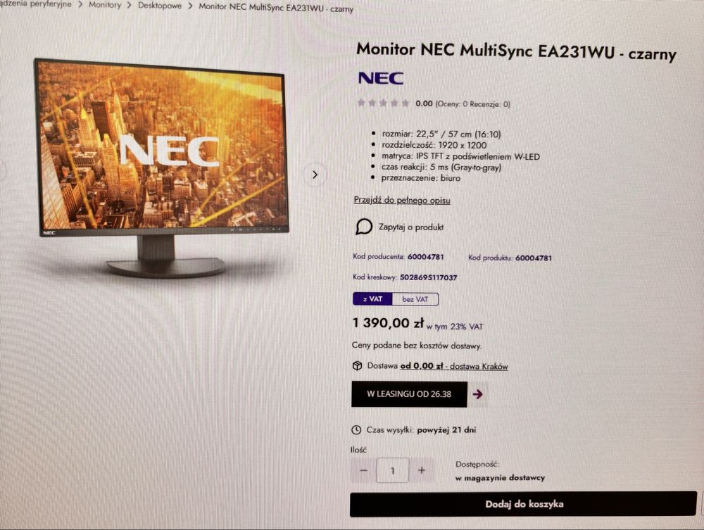 Monitor bezramkowy NEC 23” 1900x1200 HDMI