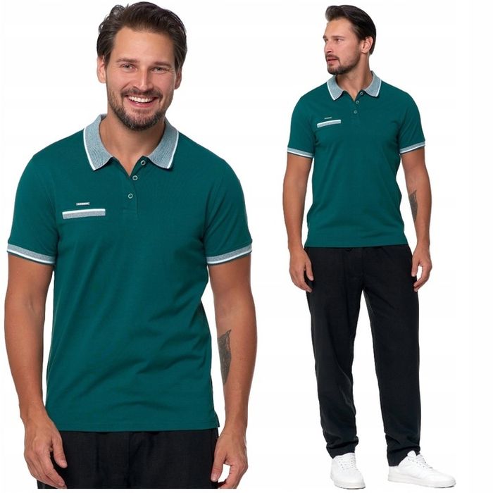 Koszulka Polo Męska Bawełniana Polówka Modna Premium Zielony Moraj - S