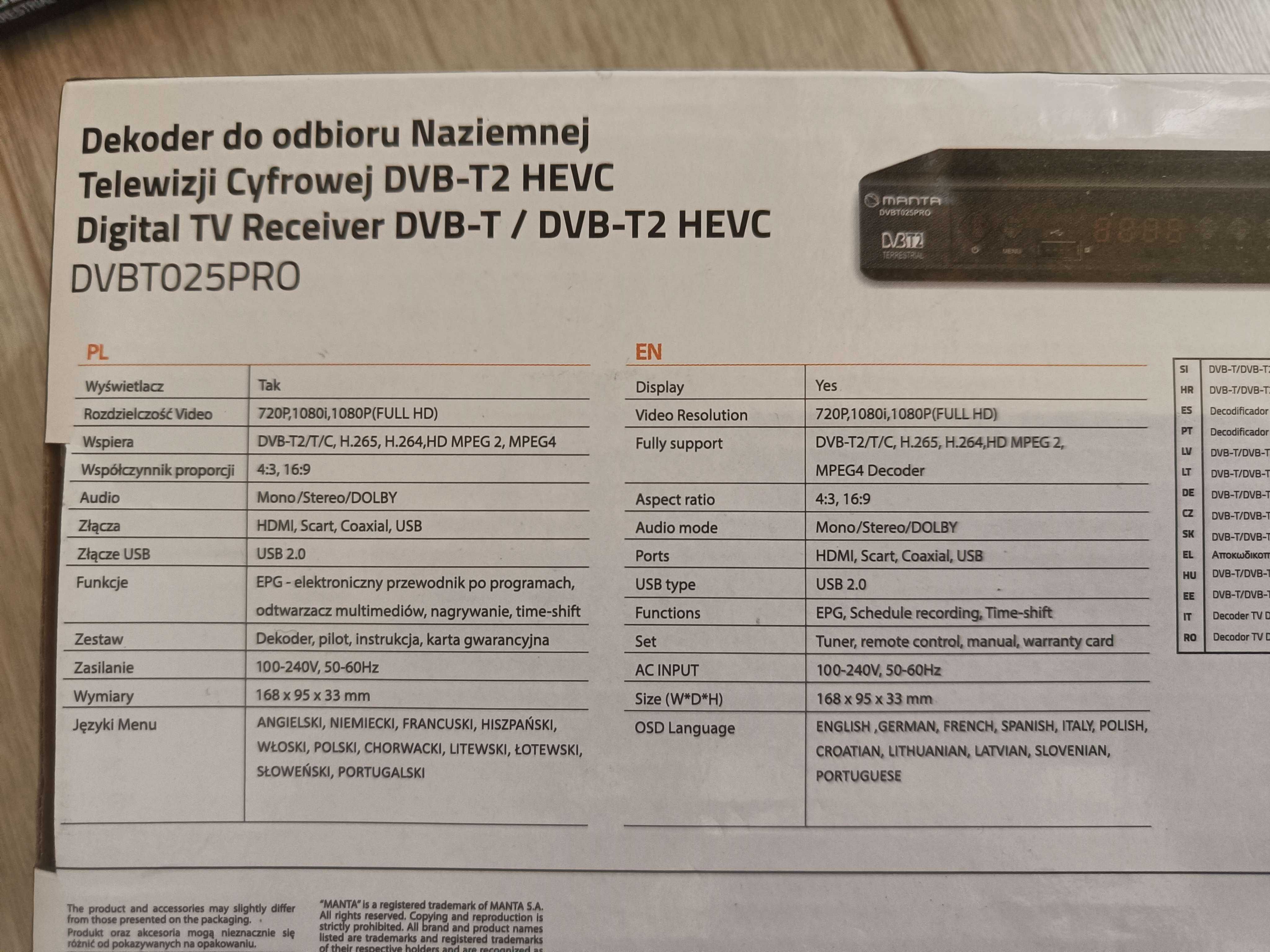Manta Dekoder DVB-T2 HEVC 256 DVBT025PRO