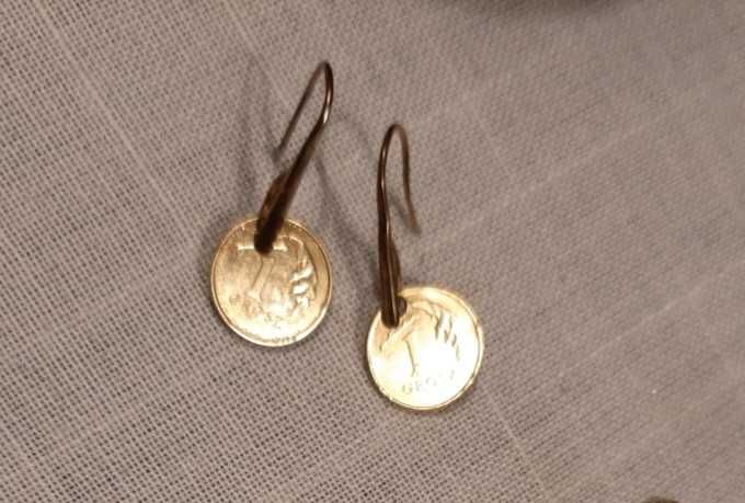 Kolczyki zlote monety monetki 1 grosz stal chirurgiczna 1 groszowki