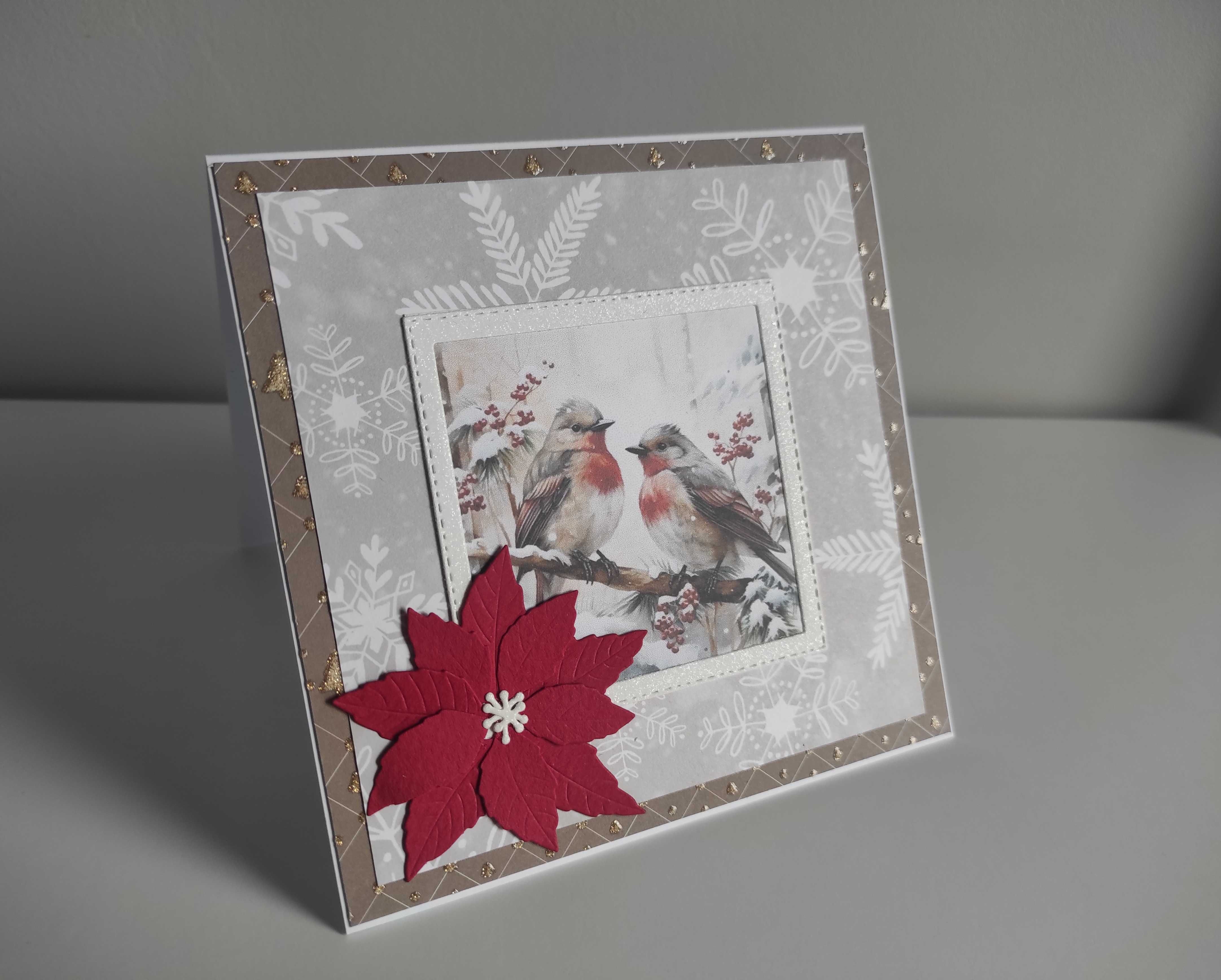 Kartka ręcznie robiona bożonarodzeniowa handmade ptaszki zimowe