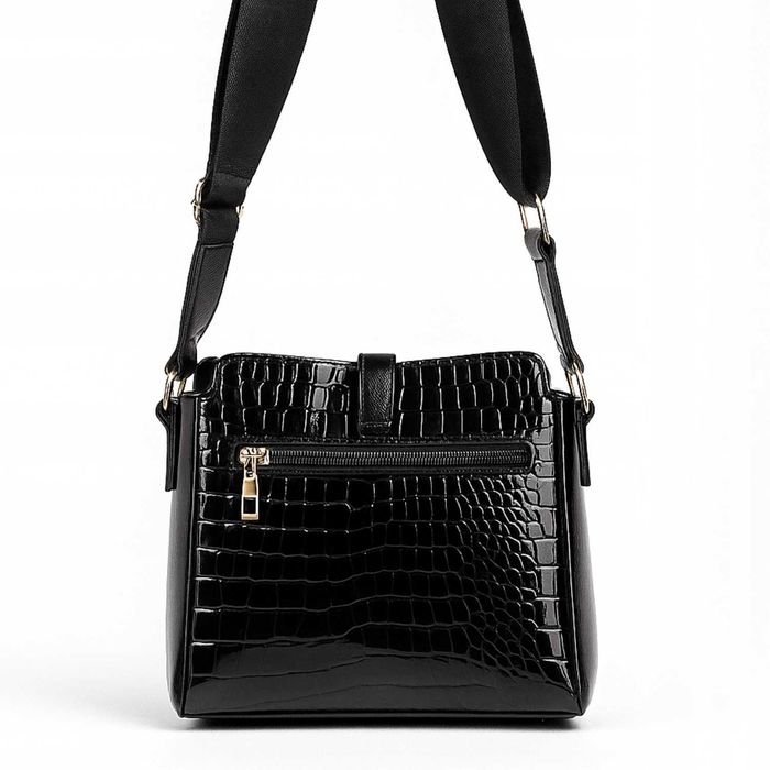 Listonoszka Damska Czarna Elegancka Torebka na Ramię Skóra Eko Zamsz