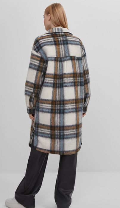 Bershka Płaszcz Krata BRĄZOWY BEŻOWY NIEBIESKI z domieszką wełny