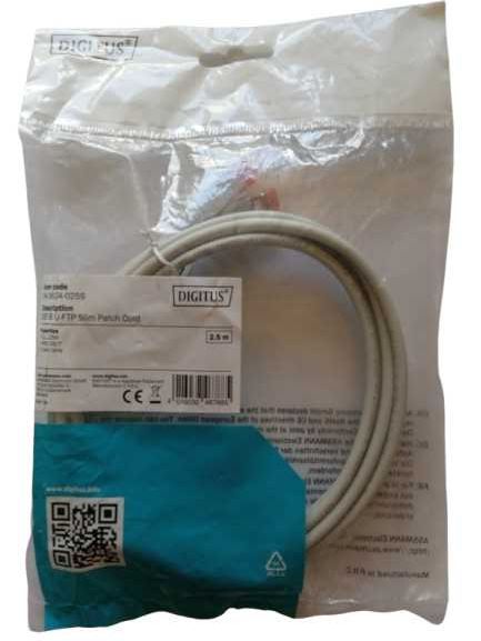 Kabel krosowy DIGITUS CAT 6 U-FTP Slim Patch Cord RJ45, dł. 2,5m szary
