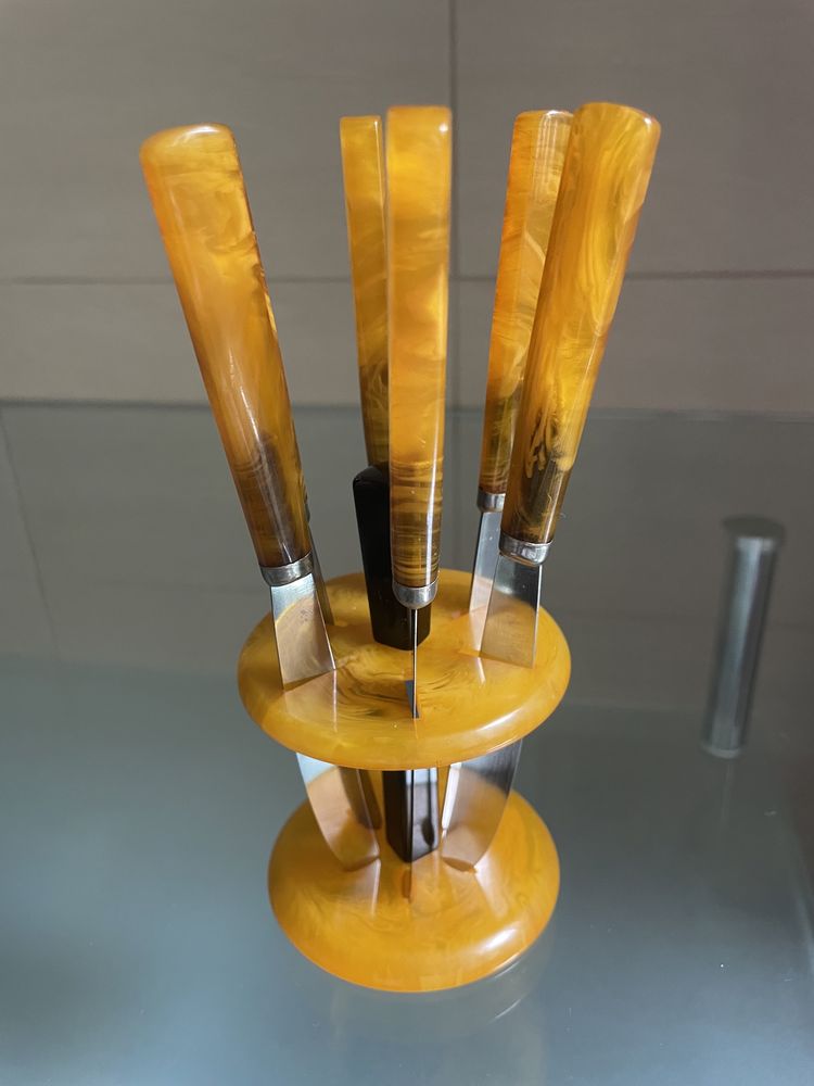 Nożyki Rostfrei Solingen Art Deco bakelit bursztyn