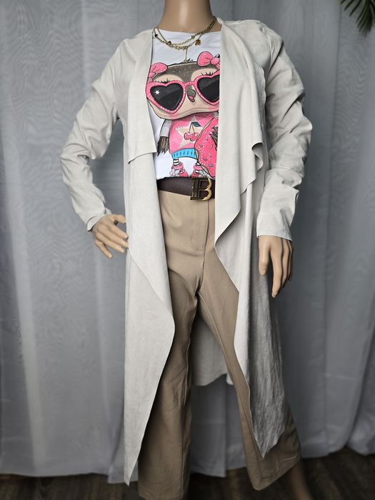 Kardigan Narzutka beżowa latte zamsz zamszowa asymetryczna długa S