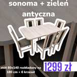 Nowe: Stół rozkładany + 6 krzeseł, sonoma + zieleń antyczna, dostawa