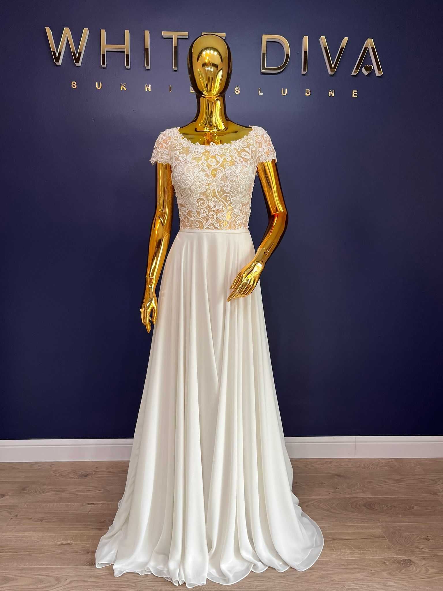 Nowa suknia ślubna ivory muślin r. 38 M z trenem Amy Love