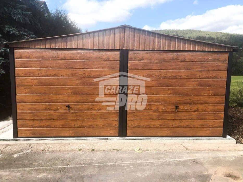 Garaż blaszany 6x7 2x Brama drewnopodobny dwuspadowy  GP150