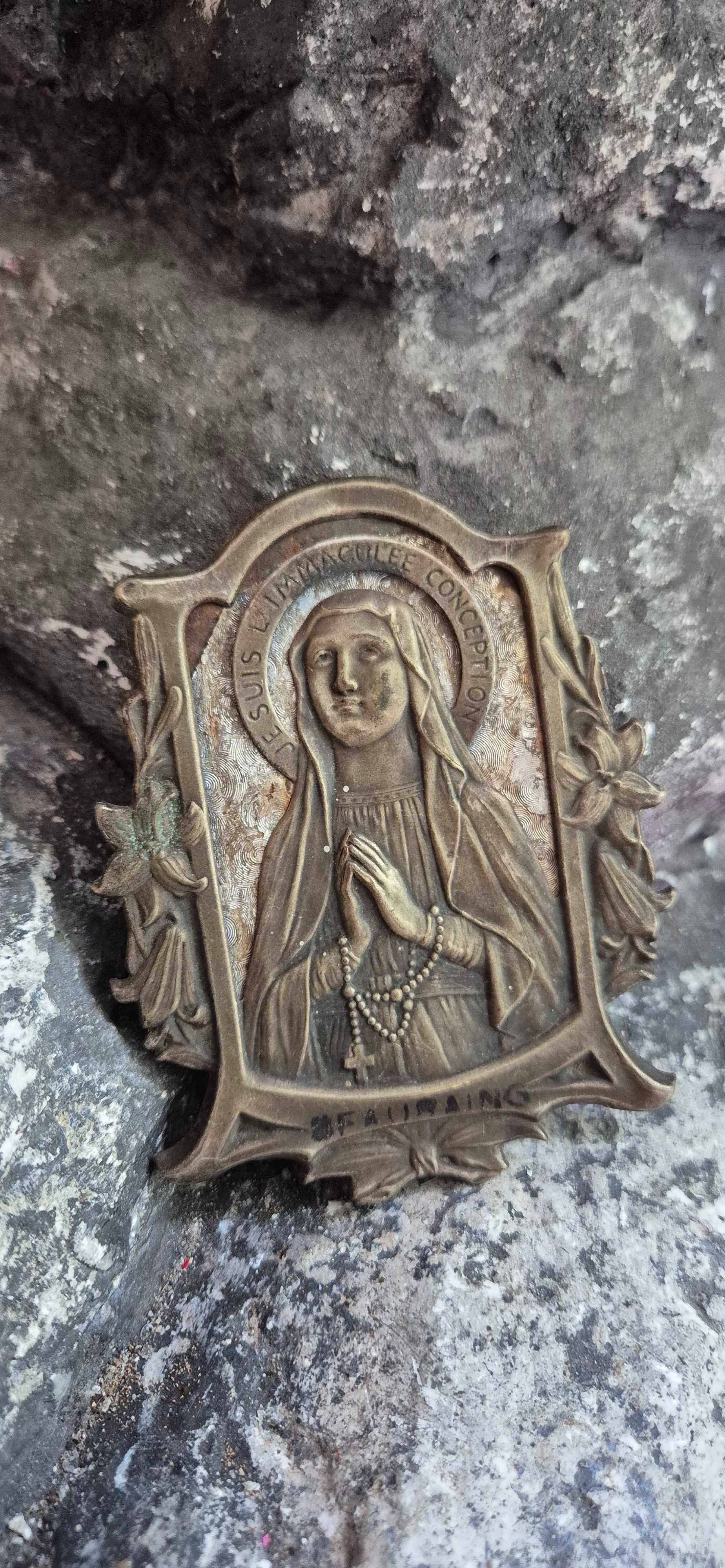 Relief płaskorzeźba Matka Boska z Lourdes antyk mosiądz