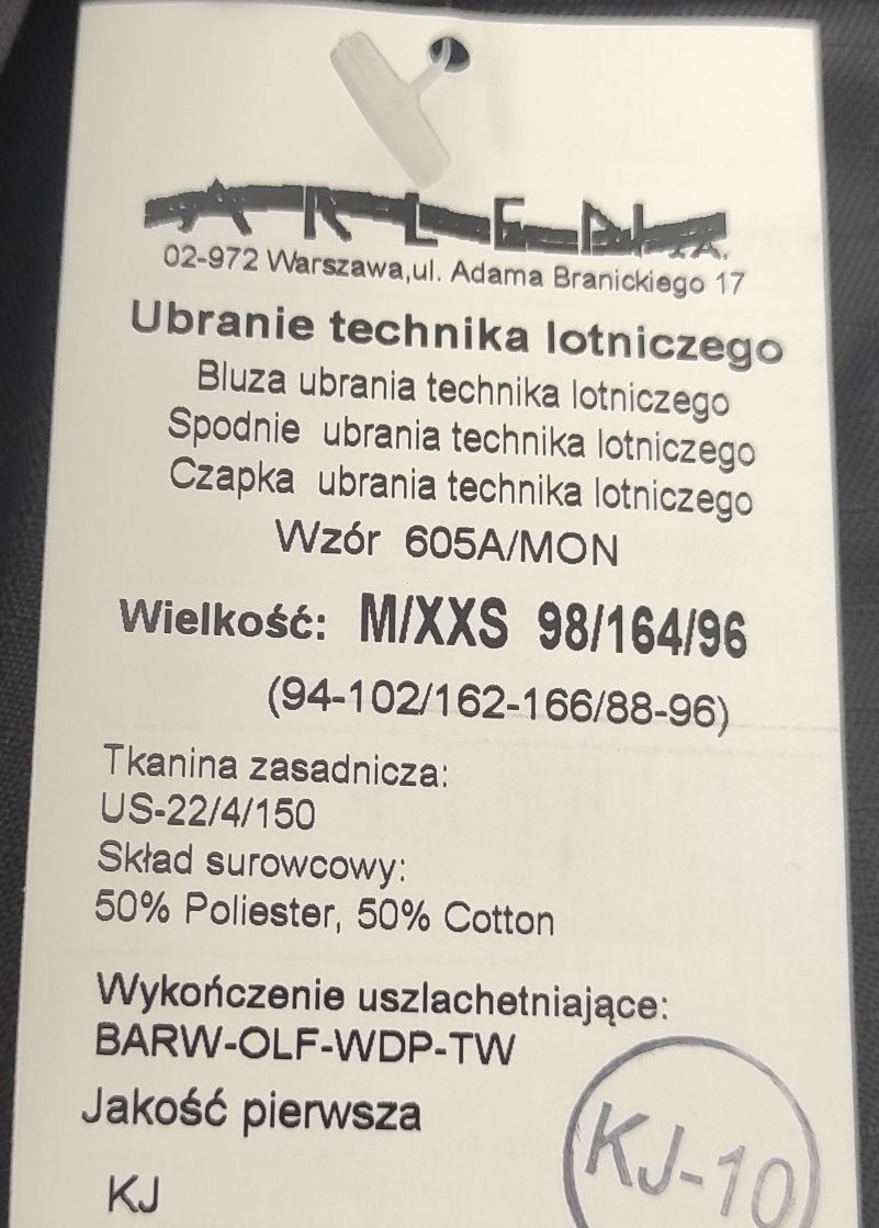 Mundur technika lotniczego wzór 605A/MON w rozmiarze M/XXS