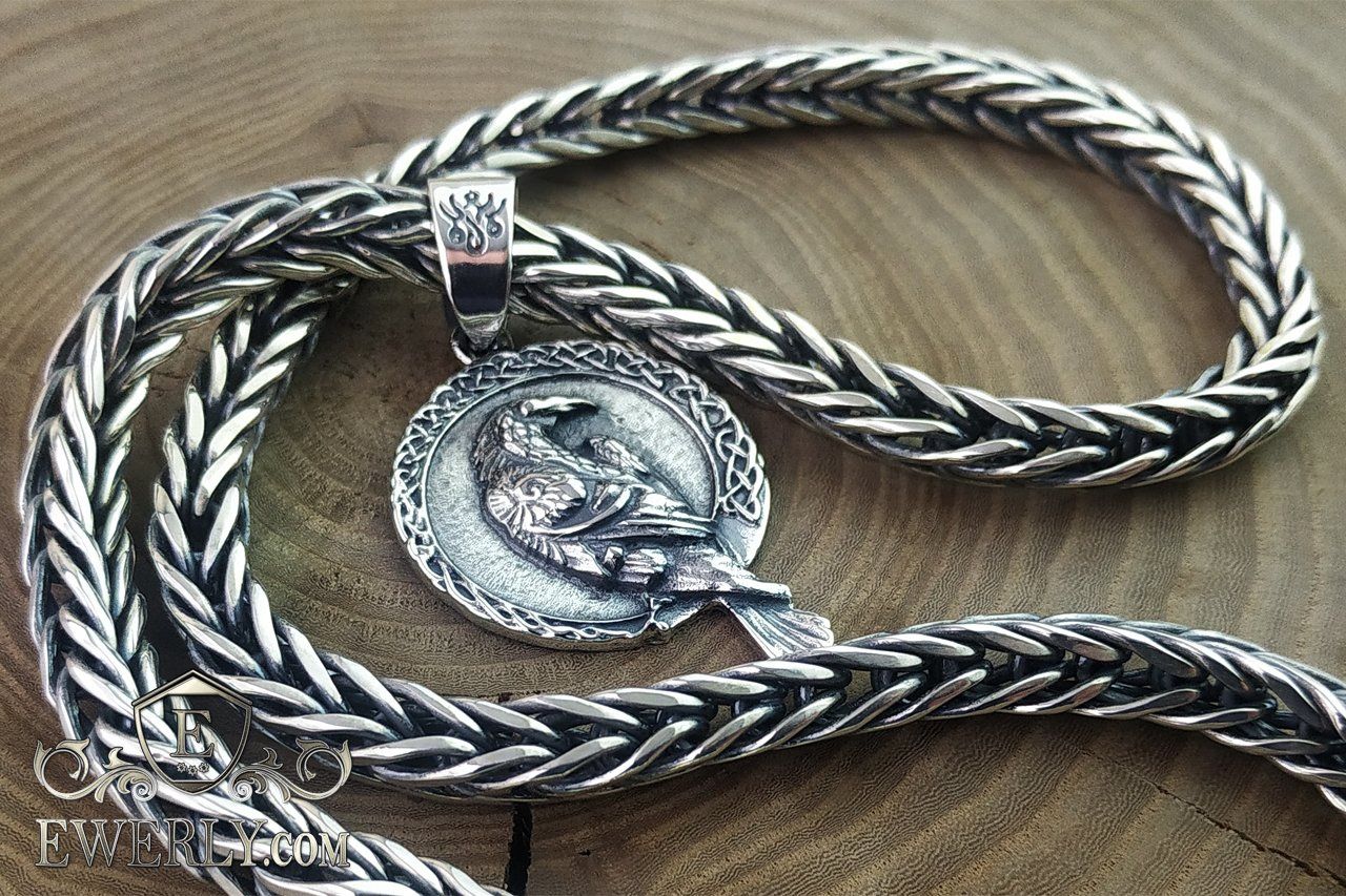 Толстая серебряная цепочка Колос с подвеской Ворон