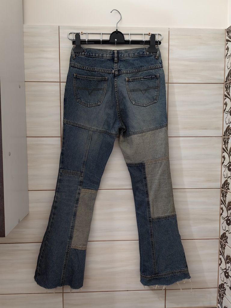 Granatowe szare jeansy łaty szeroka nogawka Streetwear Pacco 176
