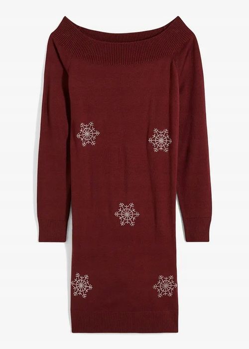 B.P.C bordowa sukienka dzianinowa carmen ze sztrasami 40/42.