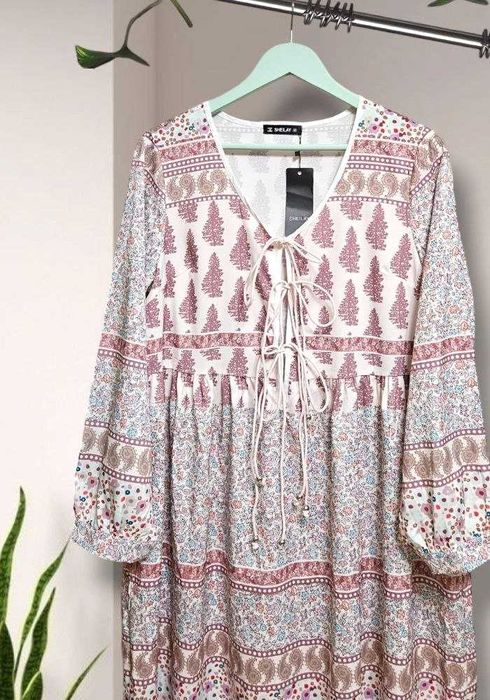 Длинное платье в принт с завязками и длинным рукавом Sheilay, р. L