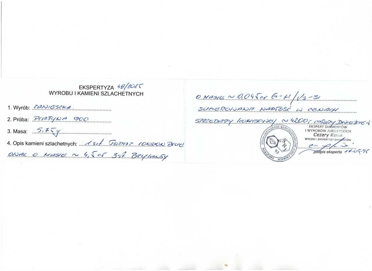 wisiorek platyna 900 topaz diamenty brylanty 5,75 g certyfikat