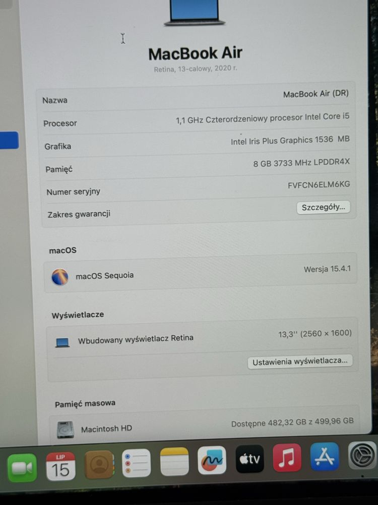 Macbook Air 2020r procesor i5,  8/512GB, bateria tylko 192 cykle