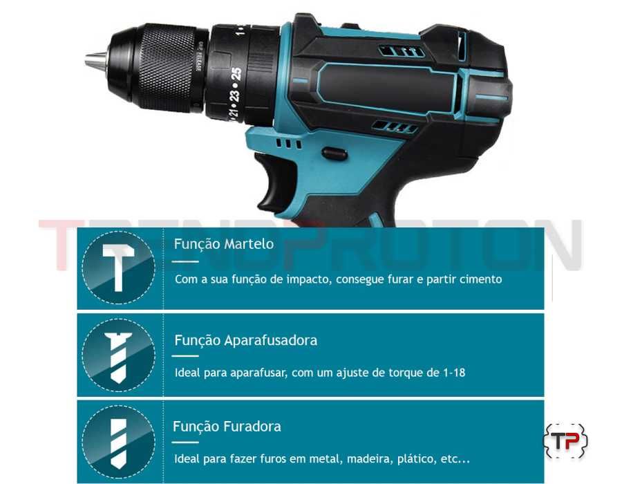 Aparafusadora 3 em 1 a bateria c/ Função Martelo