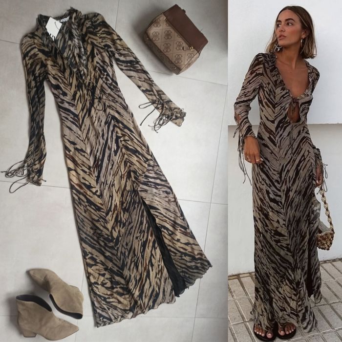 Zara sukienka brązowa maxi s 36 zebra wiązanie Boho