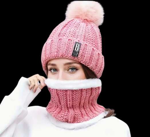 Zestaw ciepła czapka z golfem kolor różowy TANIO!