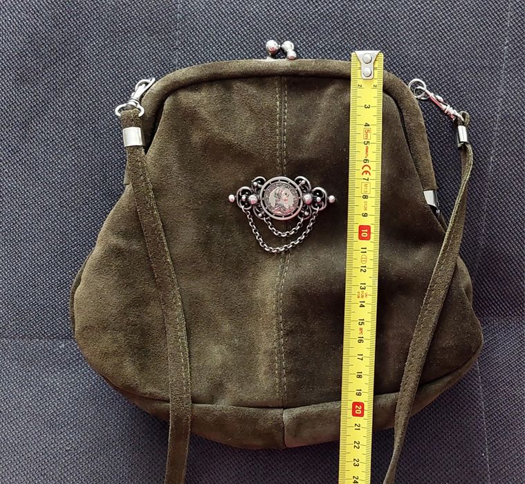 Antyczna , vintage torebka zamszowa  ciemne khaki,  piękna jak nowa