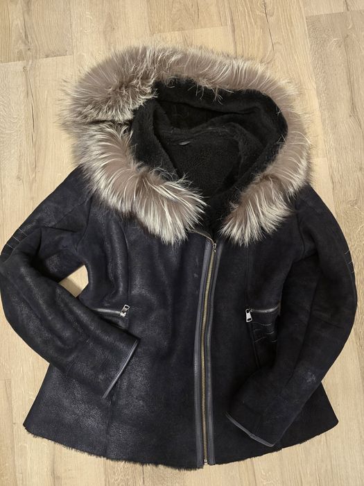 Przepiękny kożuch damski naturalny L/XL obszycie naturalny lis srebrny