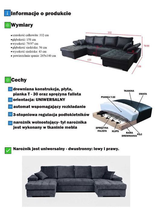 Duży narożnik FABIO U z funkcją spania i pojemnikami WYSYŁKA 24 H