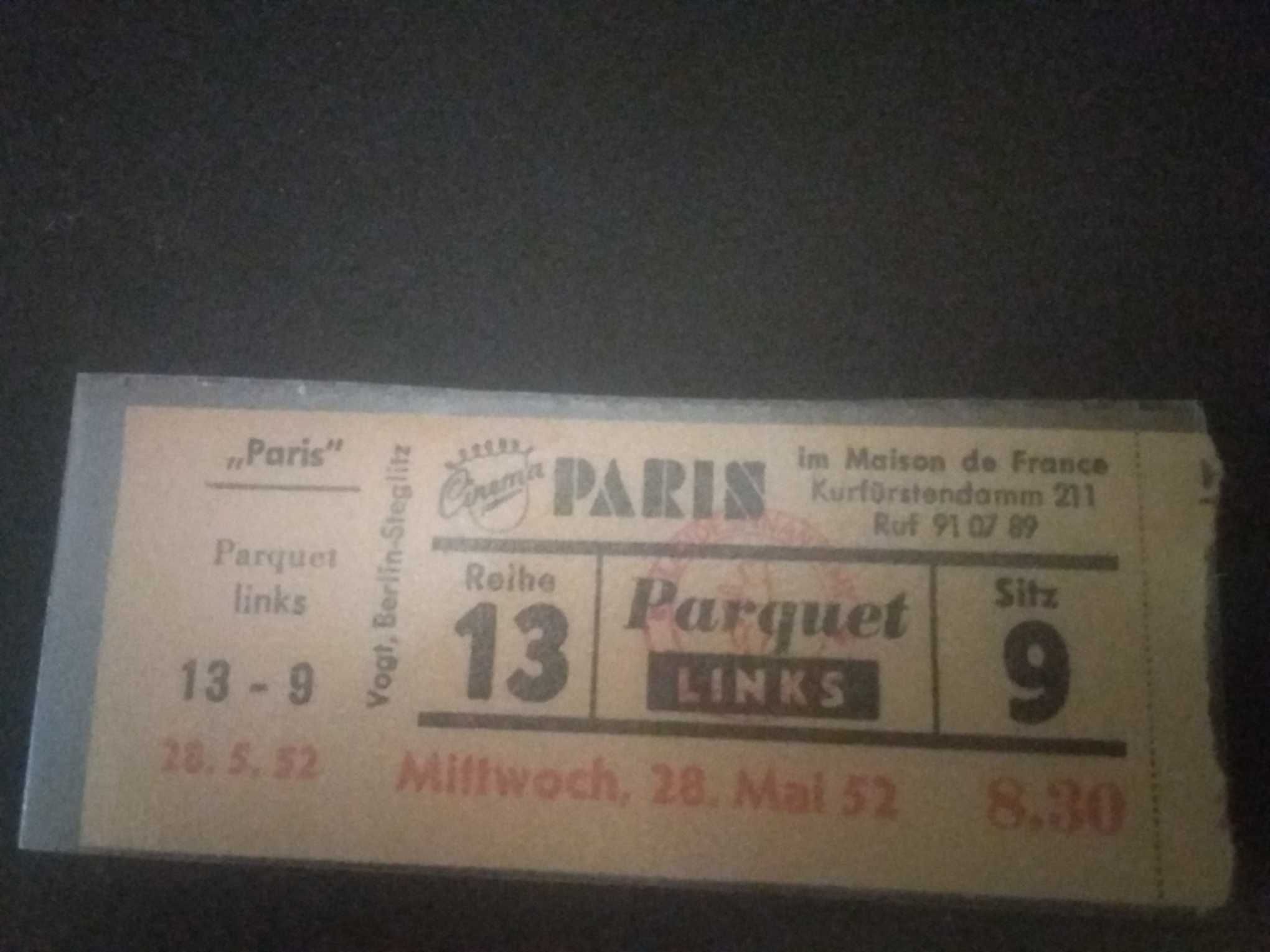 Bilet do kina Paris z 28.05.1952 środa
