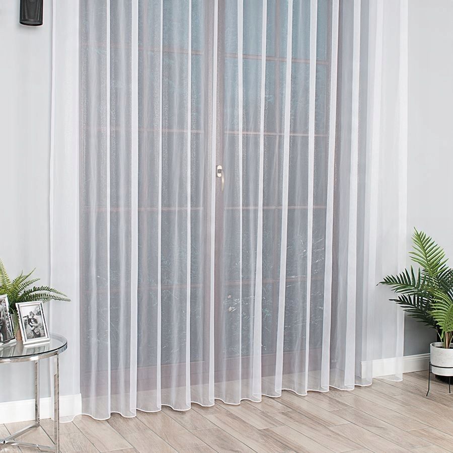 Firana do salonu z błyskiem biała 205x800 na przelotki kółka długa