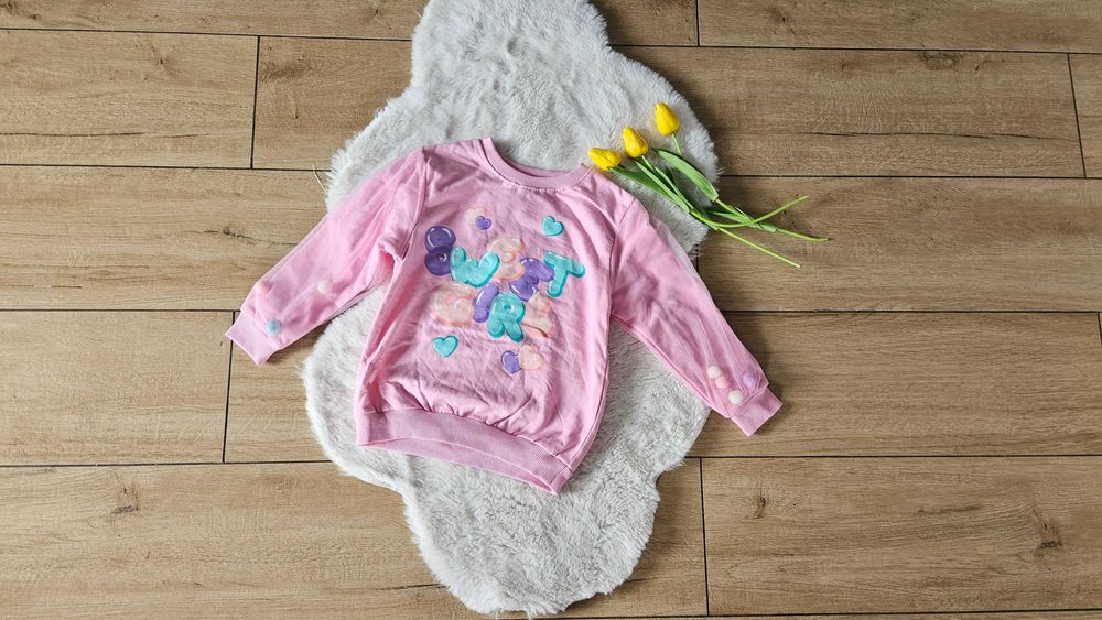 Bluza 116 różowa kulki siateczka napis hit tanio