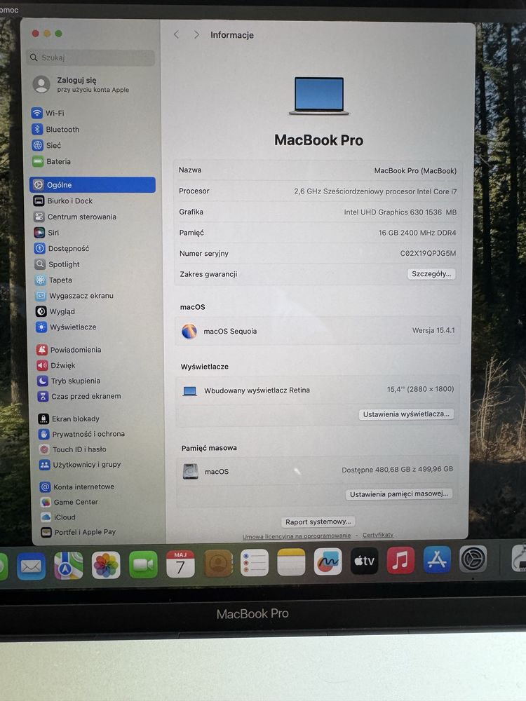 Laptop MacBook Pro 15 i7-8850H/16/512 A1990 Silver 2018 Sequoia