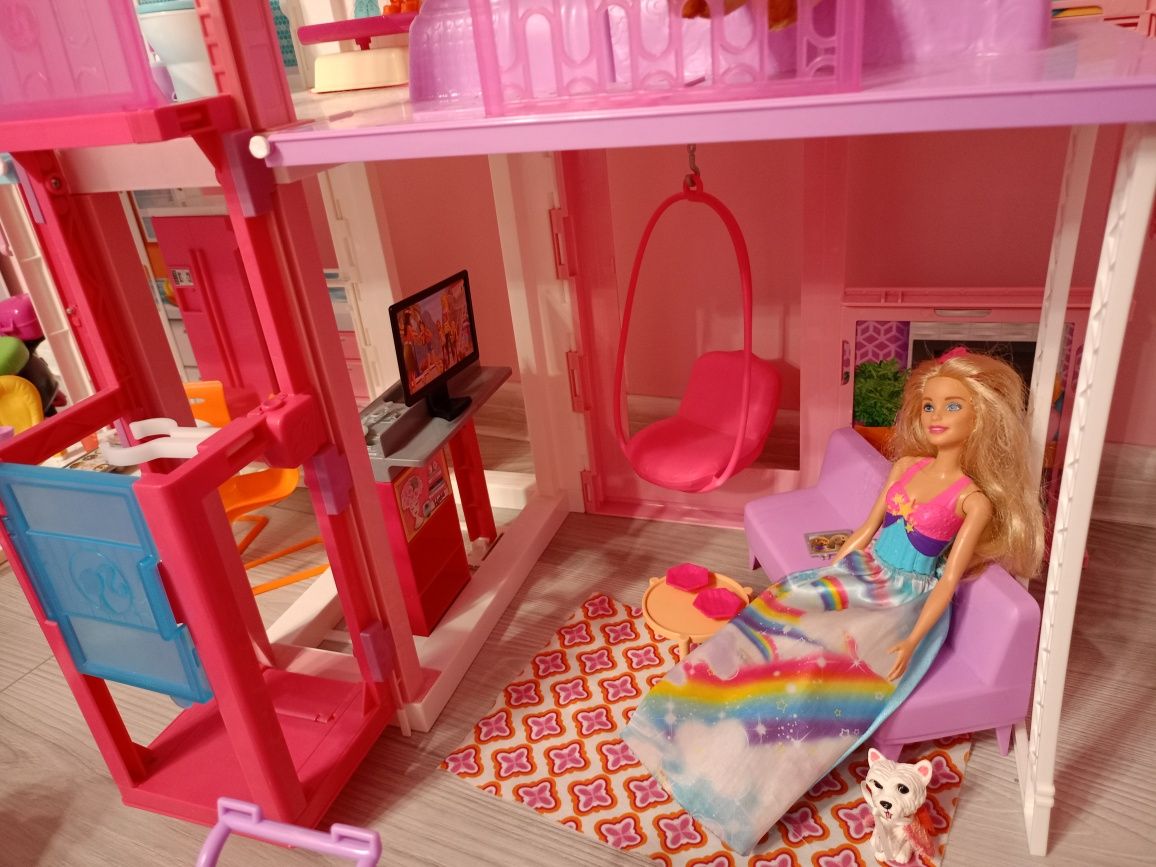 Zestaw domek Barbie samochody skuter lodziarnia lalki i akcesoria