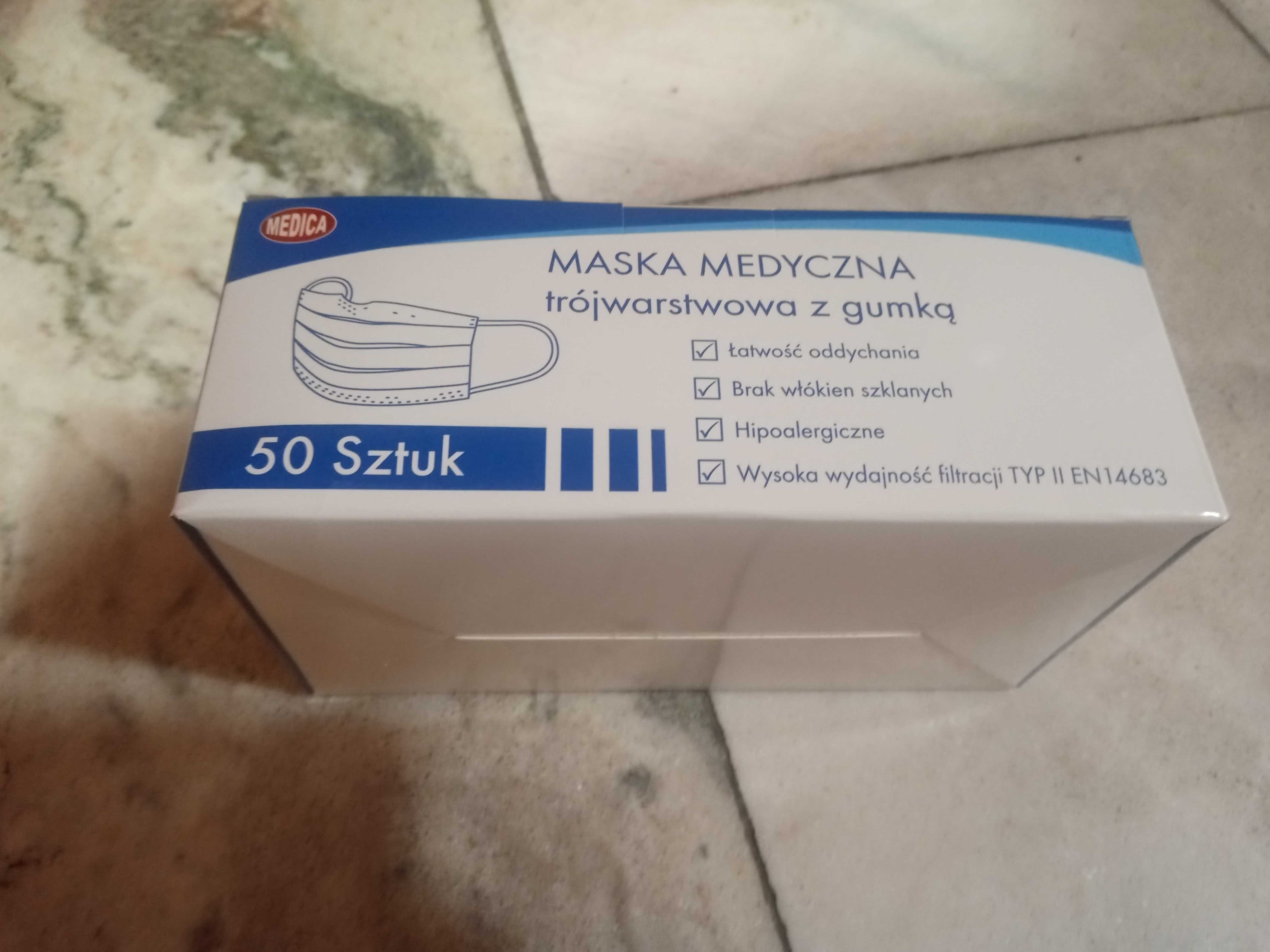 Maseczki medyczne Medica trójwarstwowe z gumką, nowe, 2000 szt.